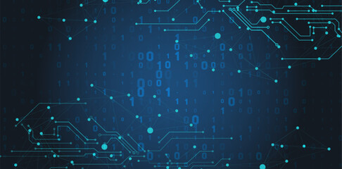 Fototapeta premium Abstract digital technology background with binary code, circuit board patterns, and network connection lines. Ideal for science, data, and futuristic concepts.