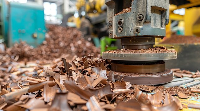 Close up of iron metal shavings post cnc drilling lathe machine in an industrial setting