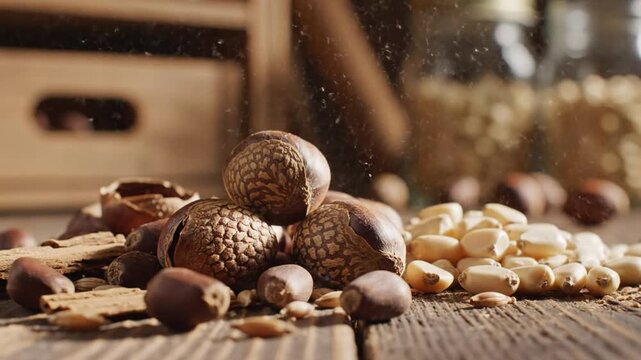 Close-up of assorted nuts falling onto wooden surface with additional ingredients