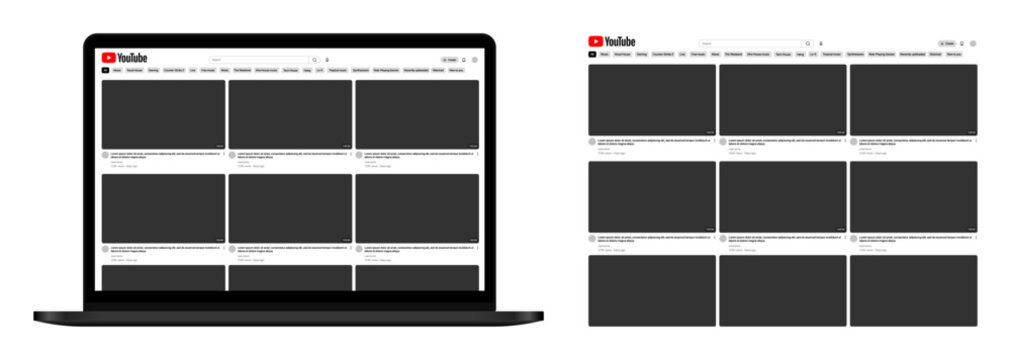 YouTube Web Interface Homepage Mockup on Laptop Desktop Featuring Video Grid Layout Navigation Bar Search Header and Streaming Platform UI Template Design