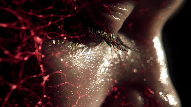 Abstract visualization of subdermal skin health with glowing capillaries and radiant surface, Generative AI illustrations.