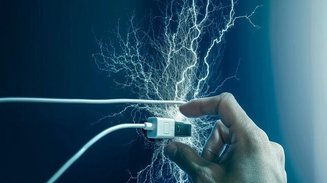 Hand connecting usb cable to plug to initiate charging of electronic device with electricity