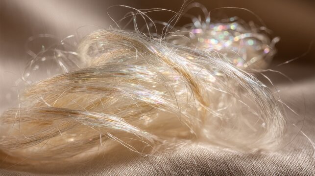 Close-up view of a natural fiber weave with intricate textures and subtle sparkle, showcasing delicate strands.