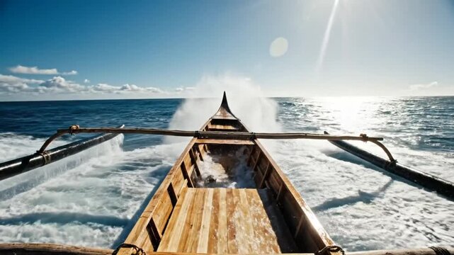 Wooden Outrigger Canoe Rides Over a Massive Ocean Wave With Spray During Sunny Day Against Blue Sky