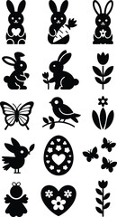 Black silhouettes of Easter icons with bunnies, eggs, and flowers