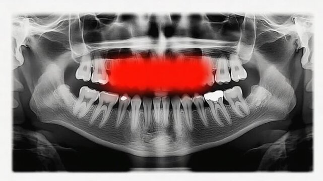 Dental x-ray with red teeth.