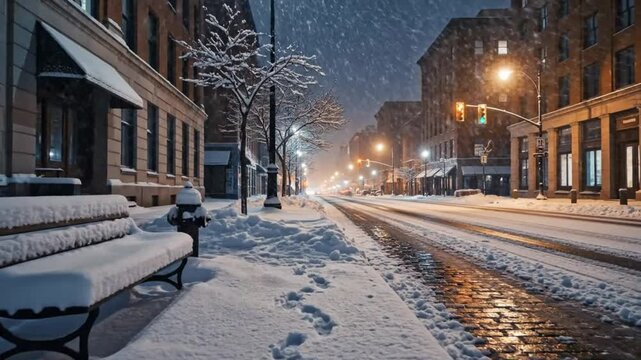 Snowy Winter Night Scene with Street Lights and Buildings Covered in Snow, Slow Motion in City