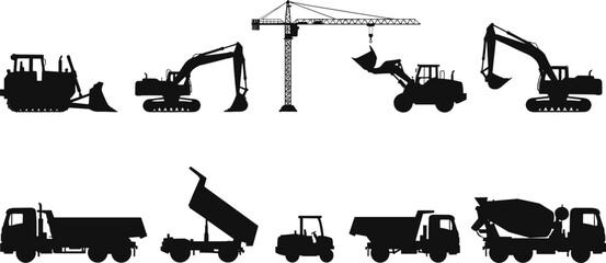 Construction machinery silhouettes set, excavator bulldozer crane dump truck mixer vehicles, heavy equipment for building industry, engineering worksite transport vector illustration © Hey there