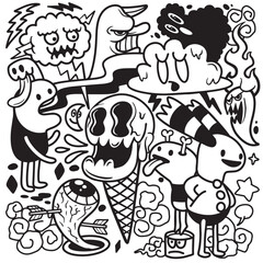 Fototapeta premium Surreal doodle cartoon ice cream cloud monster fantasy expressive black and white