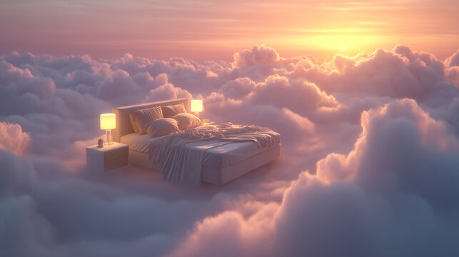A cozy bed floating peacefully amidst a sunset sky filled with soft clouds, creating a dreamlike atmosphere of relaxation and tranquility.