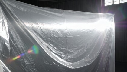 어두운 실내 공간에 드리워진 얇은 비닐 시트가 강한 광원을 받아 눈부신 반사와 렌즈 플레어를 만들어내며 독특한 질감과 기하학적인 주름을 보여주는 추상적인 이미지입니다.