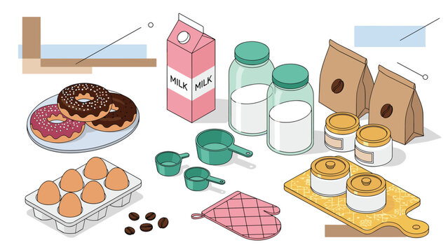 Collection of baking essentials and ingredients including donuts, eggs, milk, and measuring tools in isometric vector illustration.