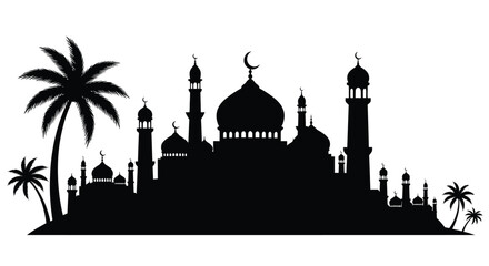 Islamic architecture with palm trees against a crescent moon silhouette © Golam Rabbi