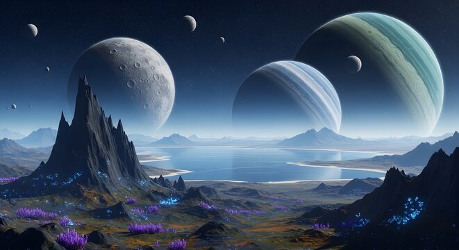 Mystical alien landscapes under celestial triple moons and vibrant sky