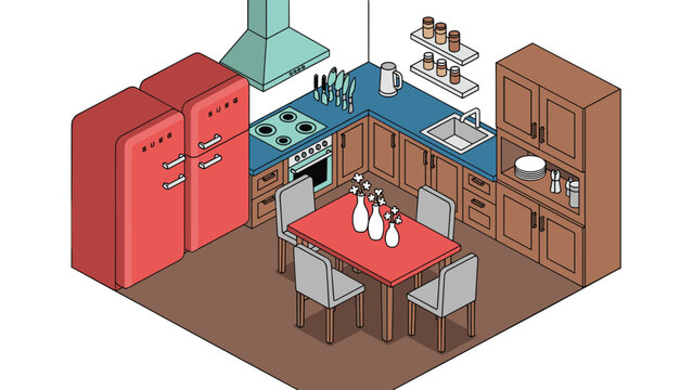 Modern isometric kitchen interior featuring red refrigerators, a dining table with chairs, cabinets, a stove, sink, and decorative plants.