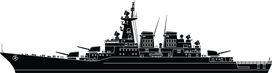 Modern naval warship silhouette vector, military destroyer battleship on sea, armed navy vessel, maritime defense security concept, ocean patrol combat ship illustration © Hey there