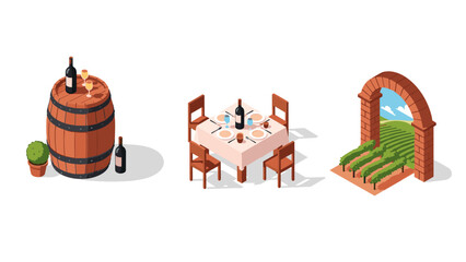 Fototapeta premium wine barrel table set dining outdoors vineyard landscape isometric collection