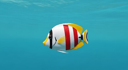 Striated Butterflyfish Swimming in Clear Blue Ocean Water.