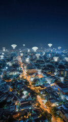 A nighttime cityscape with glowing Wi-Fi icons and network lines, symbolizing smart city connectivity and digital communication.