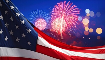 밤하늘을 화려하게 수놓는 다채로운 불꽃놀이와 환상적인 보케 조명을 배경으로 성조기가 웅장하게 펄럭이는 모습은 미국 독립기념일의 열정적인 축제 분위기와 깊은 애국심을 상징적으로 잘 보여줍니다.