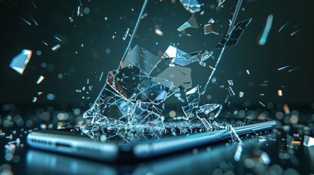 Smartphone screen cracked and shattered  device falling with glass and parts scattered around
