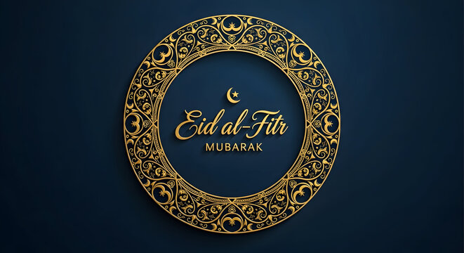 Elegant gold circular design with eid al fitr text on dark blue background
