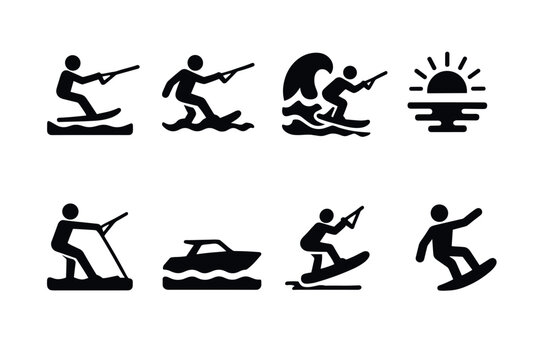 water skiing athlete set with boat and sunset hand drawn black icons
