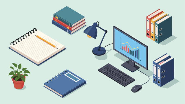 Desktop workstation featuring a computer monitor displaying a bar graph, flanked by books, binders, and notebooks.