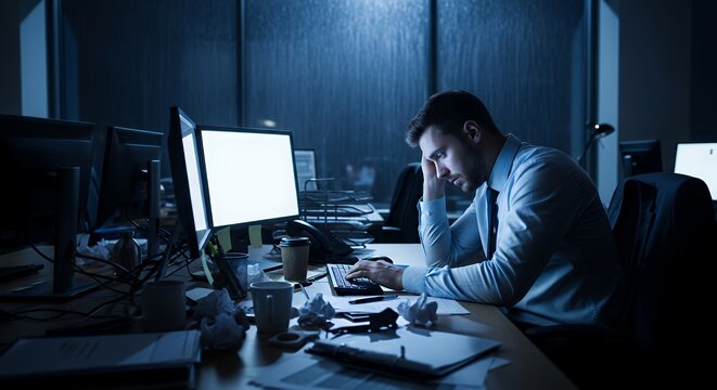 Office worker sitting in dark workspace illuminated only by computer screens late night overtime atmosphere messy desk tired posture high resolution cinematic corporate burnout mood