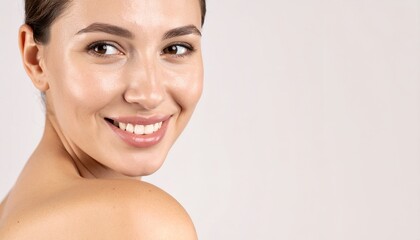 하얗고 고른 치아를 드러내며 환하게 웃고 있는 젊은 여성의 클로즈업 모습으로 깨끗한 피부와 자연스러운 메이크업이 돋보이는 뷰티 및 스킨케어 광고 컨셉의 고해상도 이미지이며 긍정적인 에너지를 전달합니다.