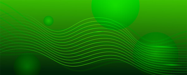 Abstract vibrant green background featuring glowing wavy lines, translucent spheres, and a smooth gradient. Ideal for modern digital design, technology, or ecological themes.