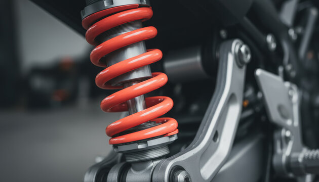 Macro close-up of a red motorcycle suspension shock absorber spring, ideal for automotive engineering blogs, vehicle repair guides or mechanic shop marketing backgrounds