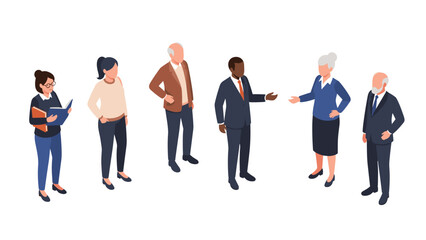 Obraz premium Diverse collection of isometric people including men and women of different ages and ethnicities in professional and casual clothing.