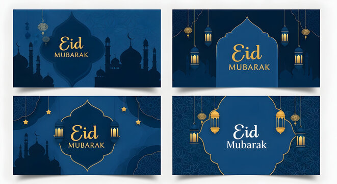 A collection of eid mubarak greeting card designs with lanterns and cityscapes