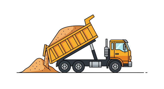 Heavy duty dump truck offloading a large pile of sand, illustrating construction material transport. Vector illustration of a tipper vehicle at work