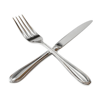 Chrome cutlery icon, crossed fork and knife silverware on transparent background, PNG food service symbol for menus