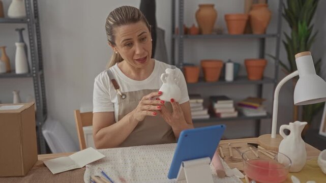 Woman holding ceramic vase with both hands and examining pottery tools at worktable in studio; creativity.
