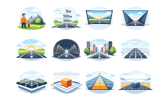 Perspective and depth infographic icons set with roads, grids, architecture and spatial diagrams