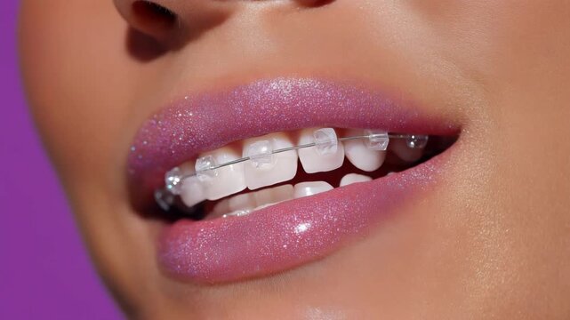 Vibrant smile with braces: closeup sequence capturing joyful expressions and shimmering lips
