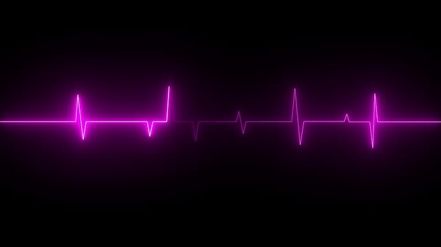 Purple neon glowing heartbeat pulse line on black background representing medical health emergency, cardiology hospital life sign, vital rhythm, heart rate