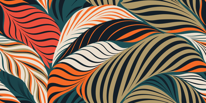 Stylized abstract leaves in a flowing, organic pattern with bold navy, orange, beige, and coral stripes and curves.