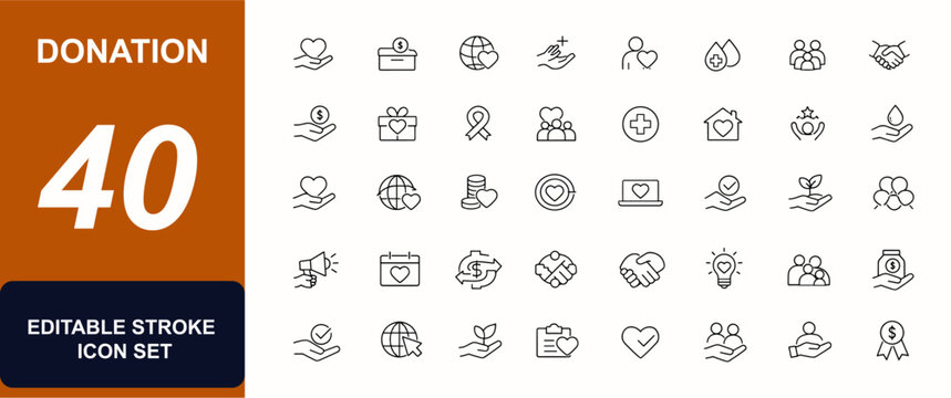 Donation web icons in line style. Community support, donor help, charity care, volunteer aid, nonprofit funding, giving hand, blood donation, trust set. Editable stroke. Vector illustration.