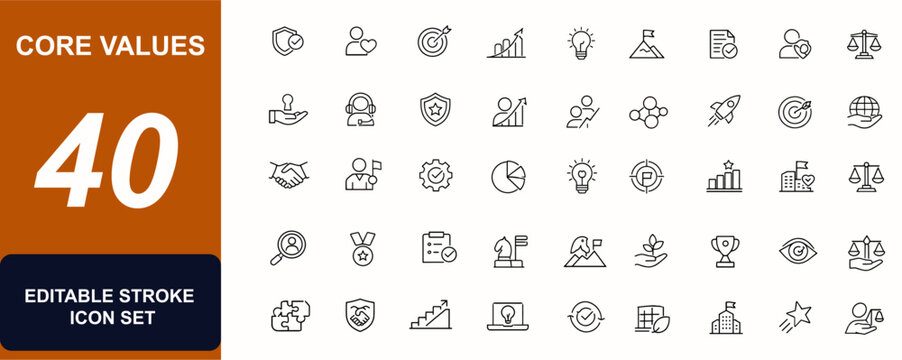 Core Values web icon set in line style. Integrity, customer focus, accountability, teamwork, innovation, goal achievement, corporate ethics set. Editable stroke. Vector illustration.