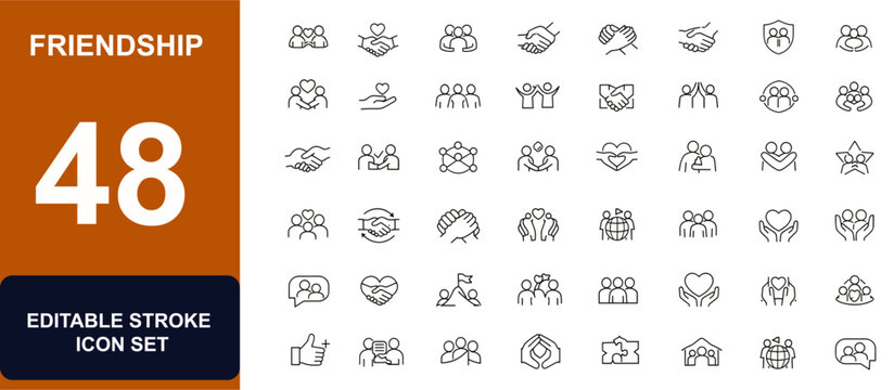 Friendship web icons in line style. Social connection, friendship bond, trust, mutual support, handshake, teamwork, love, community, buddy set. Editable stroke. Vector illustration.