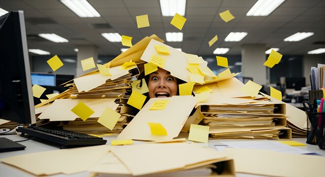 Employee buried under avalanche of sticky notes and folders overwhelmed expression peeking out bright office lighting conceptual visualization of workload pressure