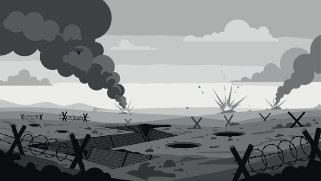 black and white hand drawn war battlefield with trenches explosions and barbed wire
