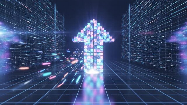 Neon arrow made of glowing digital cubes forming upward arrow futuristic digital corridor with data walls and glowing neon cube light streaks across reflective grid floor conveying motion energy