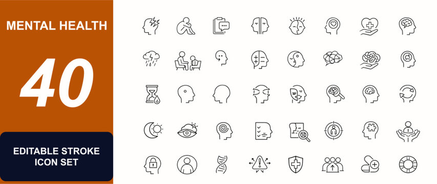 Mental health web icons in line style. Anxiety, therapy, psychology, bipolar disorder, stress, negative thoughts, brain, head, obsession, support set. Editable stroke. Vector illustration.