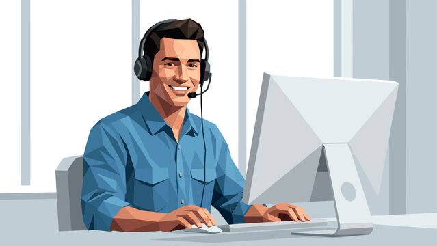 man wearing headset working on computer flat geometric illustration for customer support or office work concept