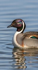 Eurasian Teal Duck Swimming in Calm Water - A Close-Up Portrait.